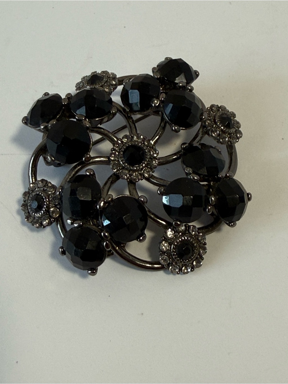 Vintage Black Rhinestone with Gunmetal Pin Brooch Goth Whimsigoth Coquette